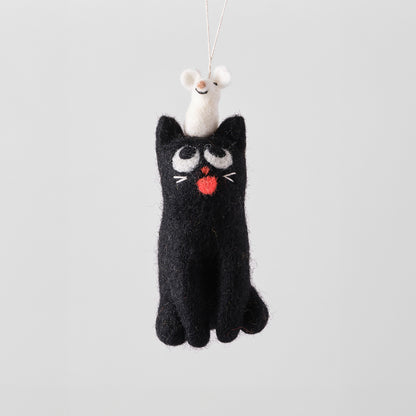 Cat Felted Hanging Decorations by Wrap Stationery - Clint, Cat With a Mouse on its Head