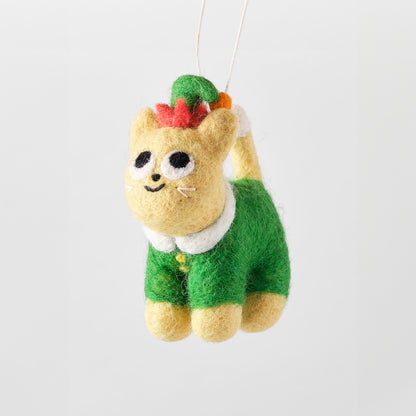 Cat Felted Hanging Decorations by Wrap Stationery - Buddy, Cat in Elf Outfit