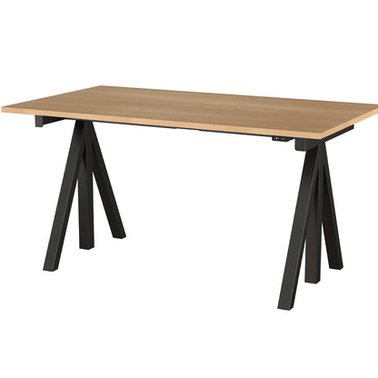 Height Adjustable Work Desk by String - 140 x 78 cm / Black Steel Base / Oak Veneered MDF Desktop