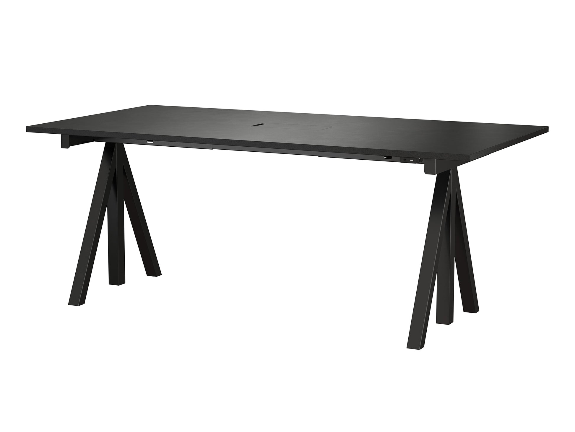 Height Adjustable Work Desk by String - 180 x 90 cm / Black Steel Base / Black Lacquered MDF Desktop
