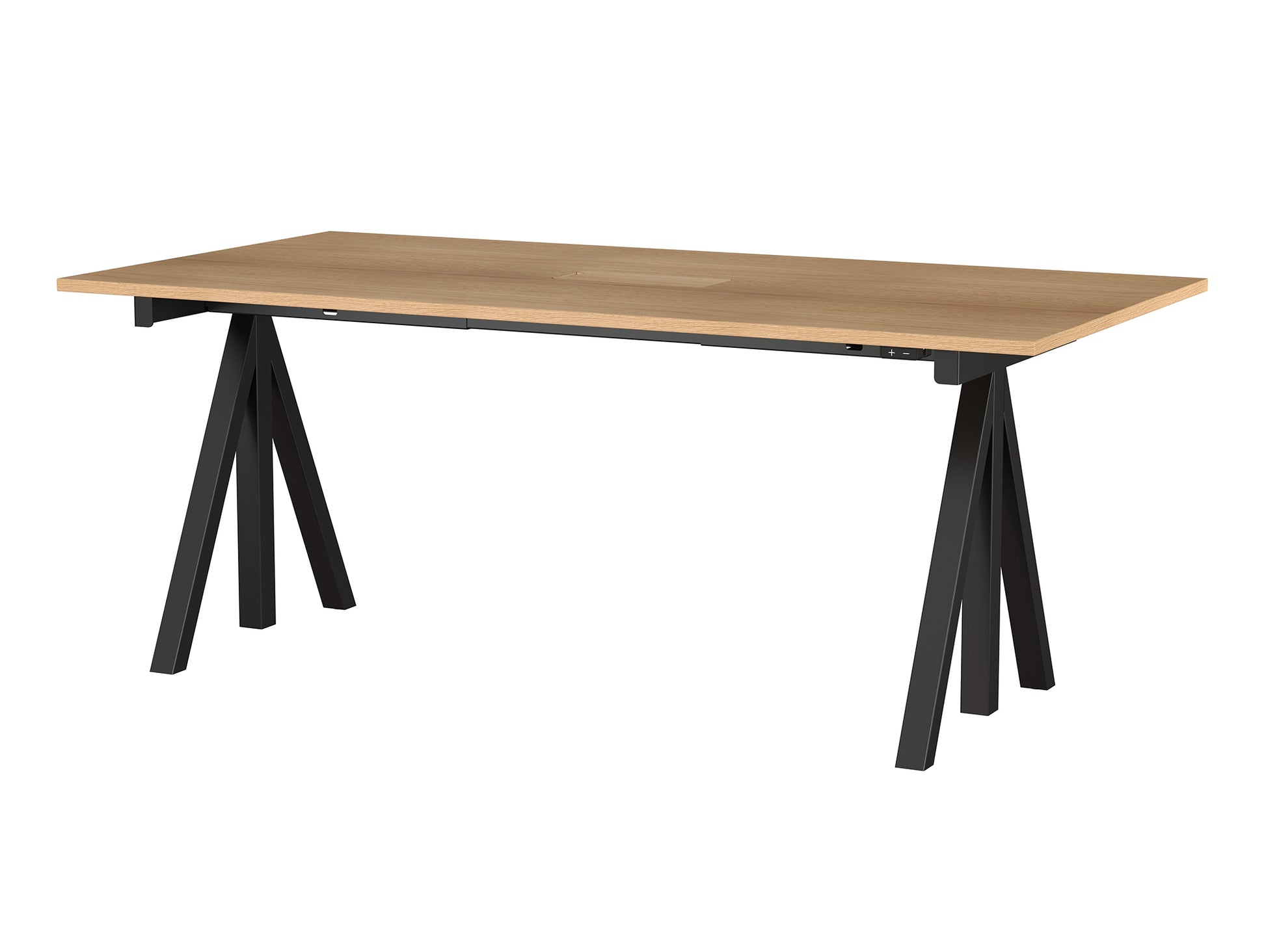 Height Adjustable Work Desk by String - 180 x 90 cm / Black Steel Base / Oak Veneered MDF Desktop