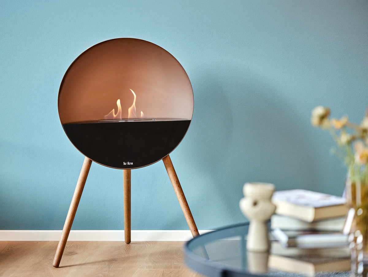 Le Feu Eye Fireplace with Mocca Body, Black Top, Black Front and Soaped Oak Base