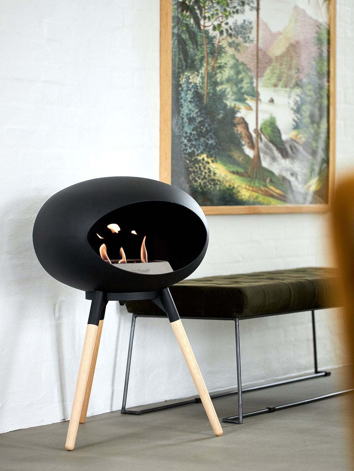 Ground Low Fireplace by Le Feu - Black Dome / Black Bowl / Soaped Oak Base