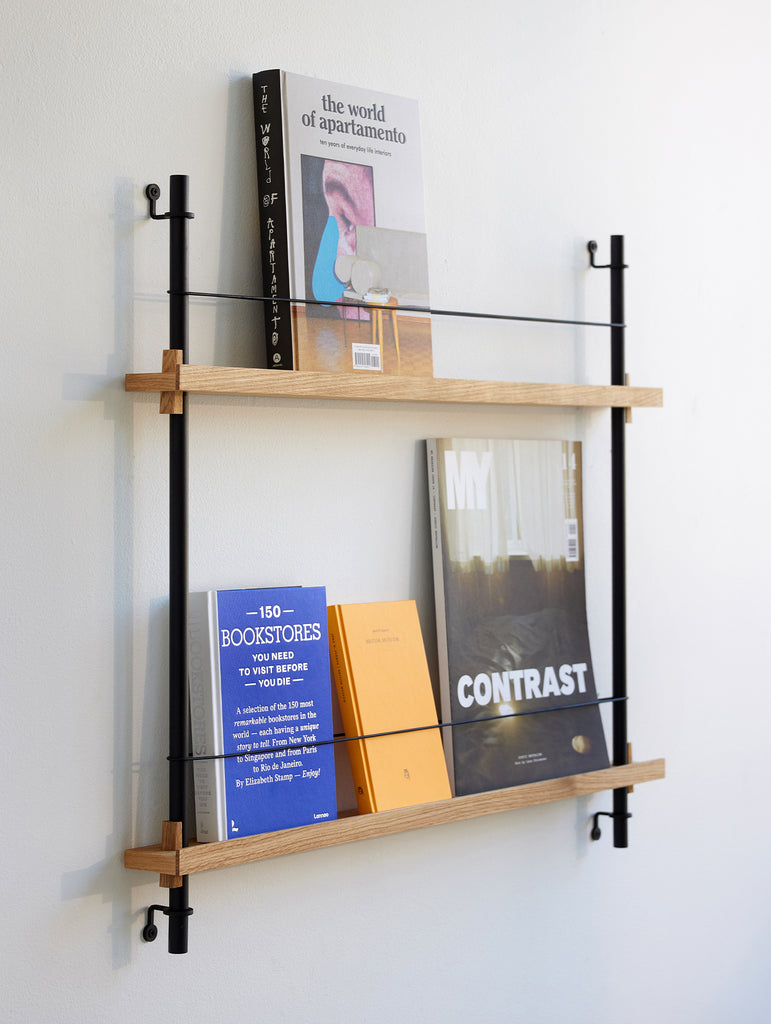 Magazine Shelving Sets (65 cm) by Moebe - Black Uprights / Oak