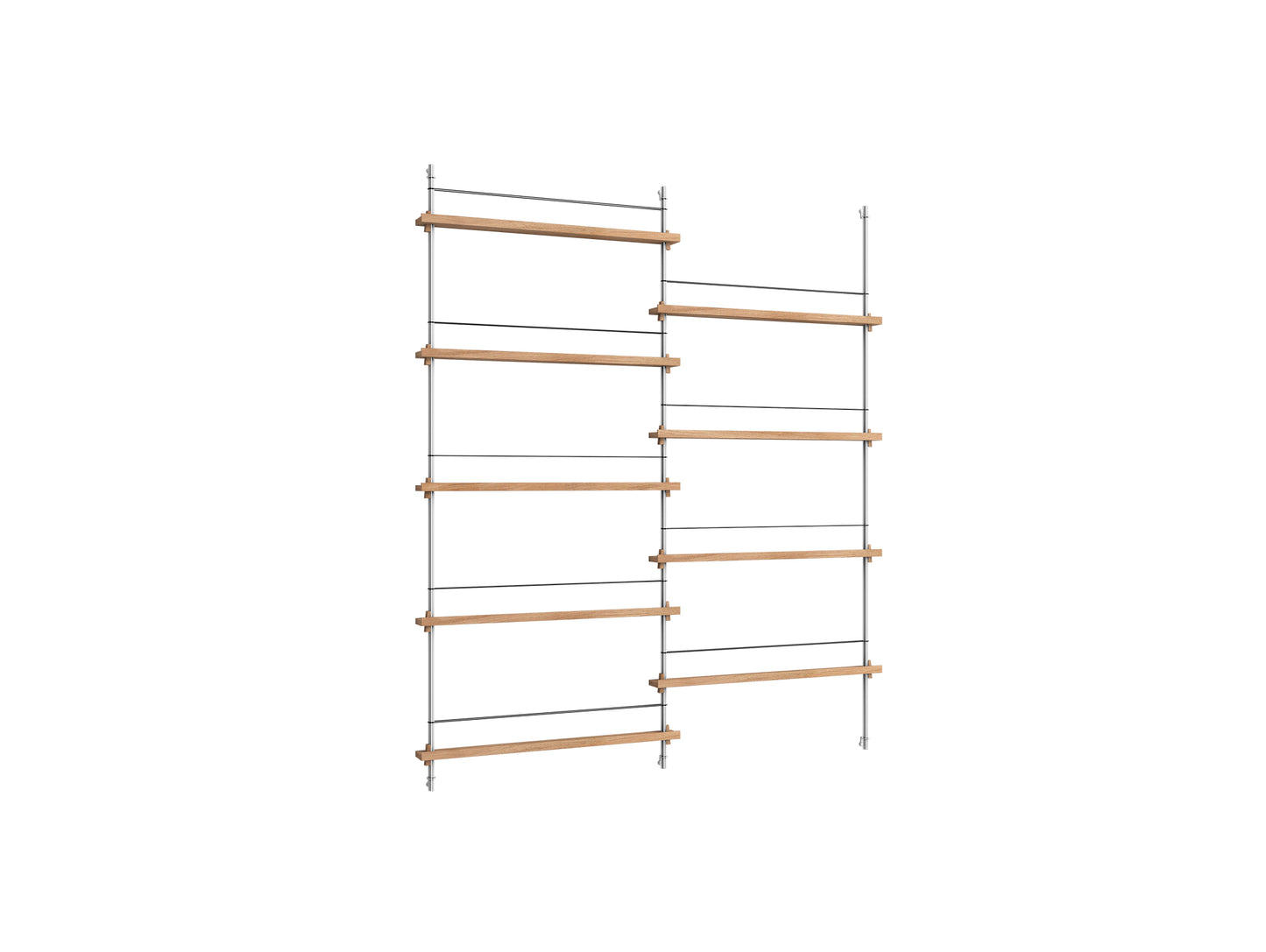 Magazine Shelving Sets (180 cm) by Moebe - MS.180.2 / Stainless Steel Uprights / Oiled Oak