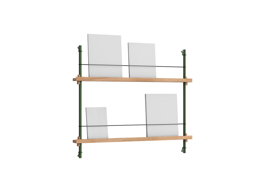 Magazine Shelving Sets (65 cm) by Moebe - Pine Green Uprights / Oak