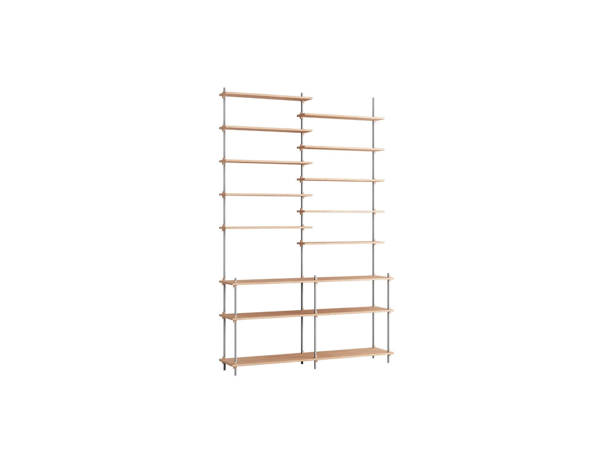 Shelving System Sets (255 cm) by Moebe / S.255.2.D / Stainless Steel Uprights / Oiled Oak 