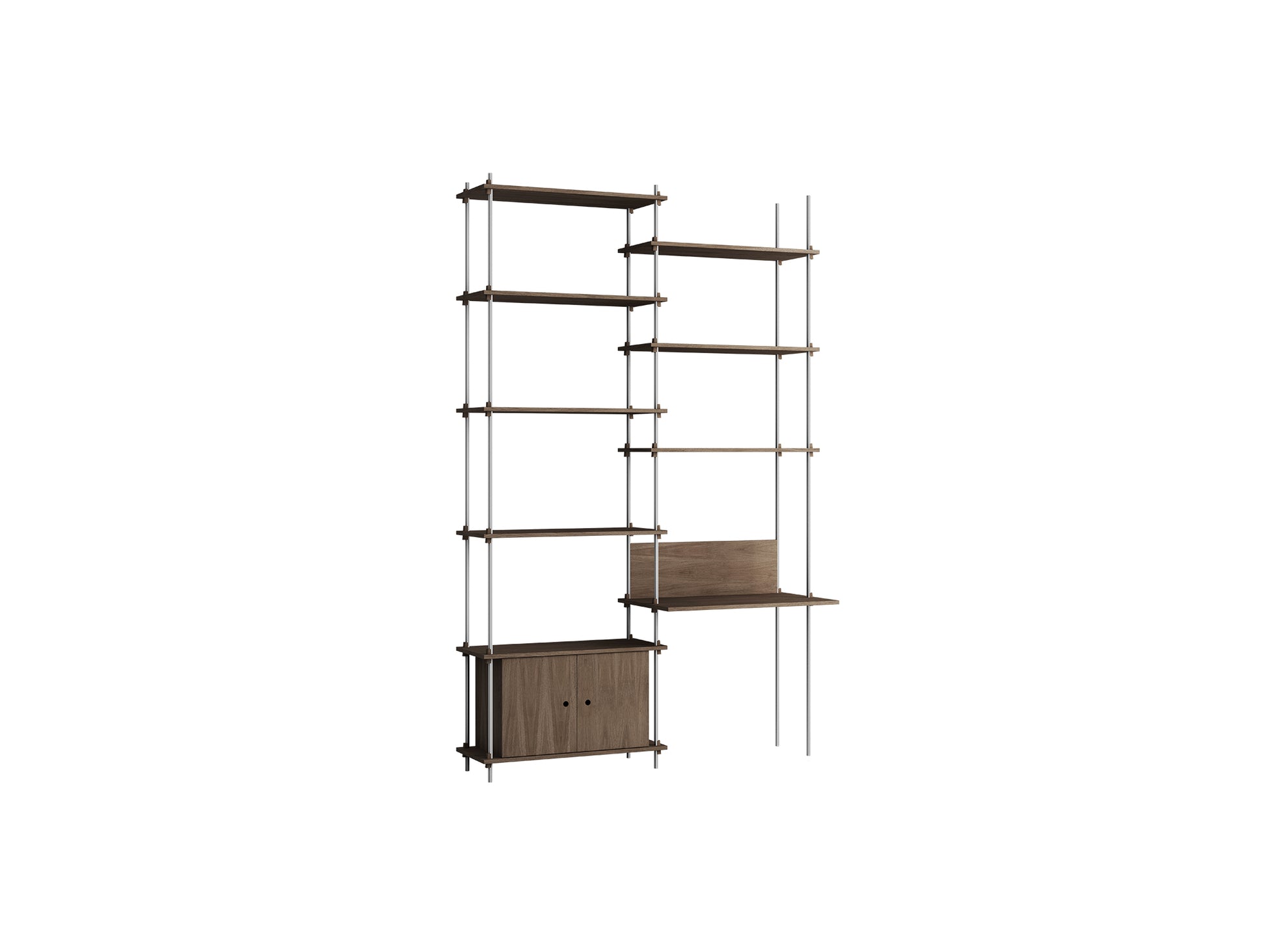Shelving System Sets (255 cm) by Moebe / S.255.2.E / Stainless Steel Uprights / Smoked Oak 
