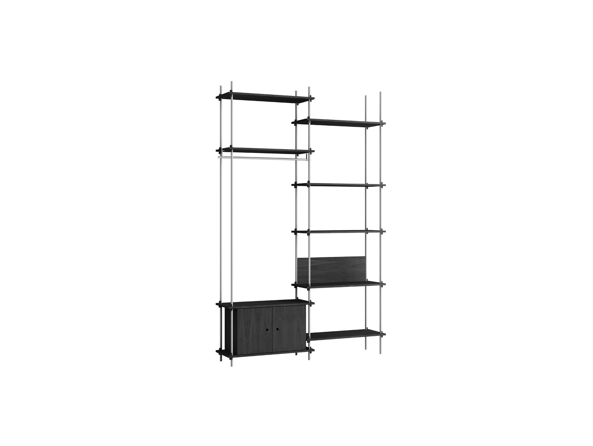 Shelving System Sets (255 cm) by Moebe / S.255.2.G / Stainless Steel Uprights / Black Painted Oak 