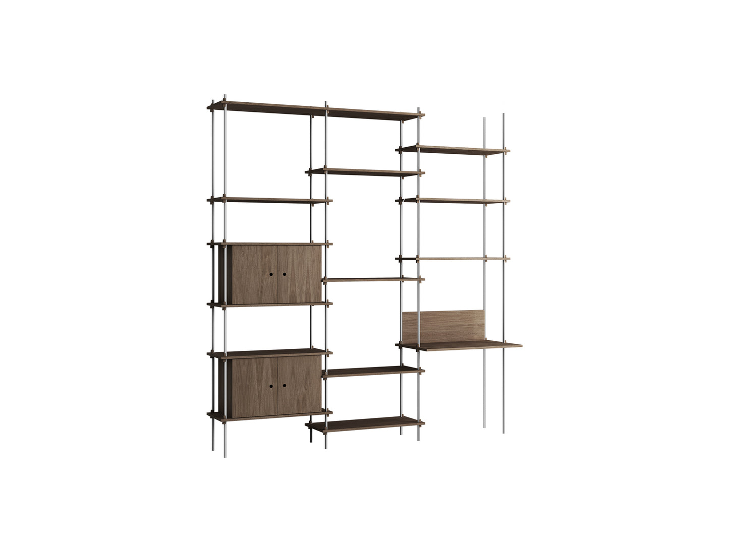 Shelving System Sets (255 cm) by Moebe / S.255.3.D / Stainless Steel Uprights / Smoked Oak 