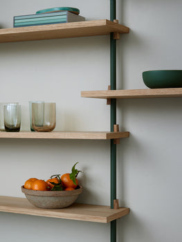 Wall Shelving System Sets (200 cm) by Moebe - WS.200.2 / Pine Green Uprights / Oiled Oak