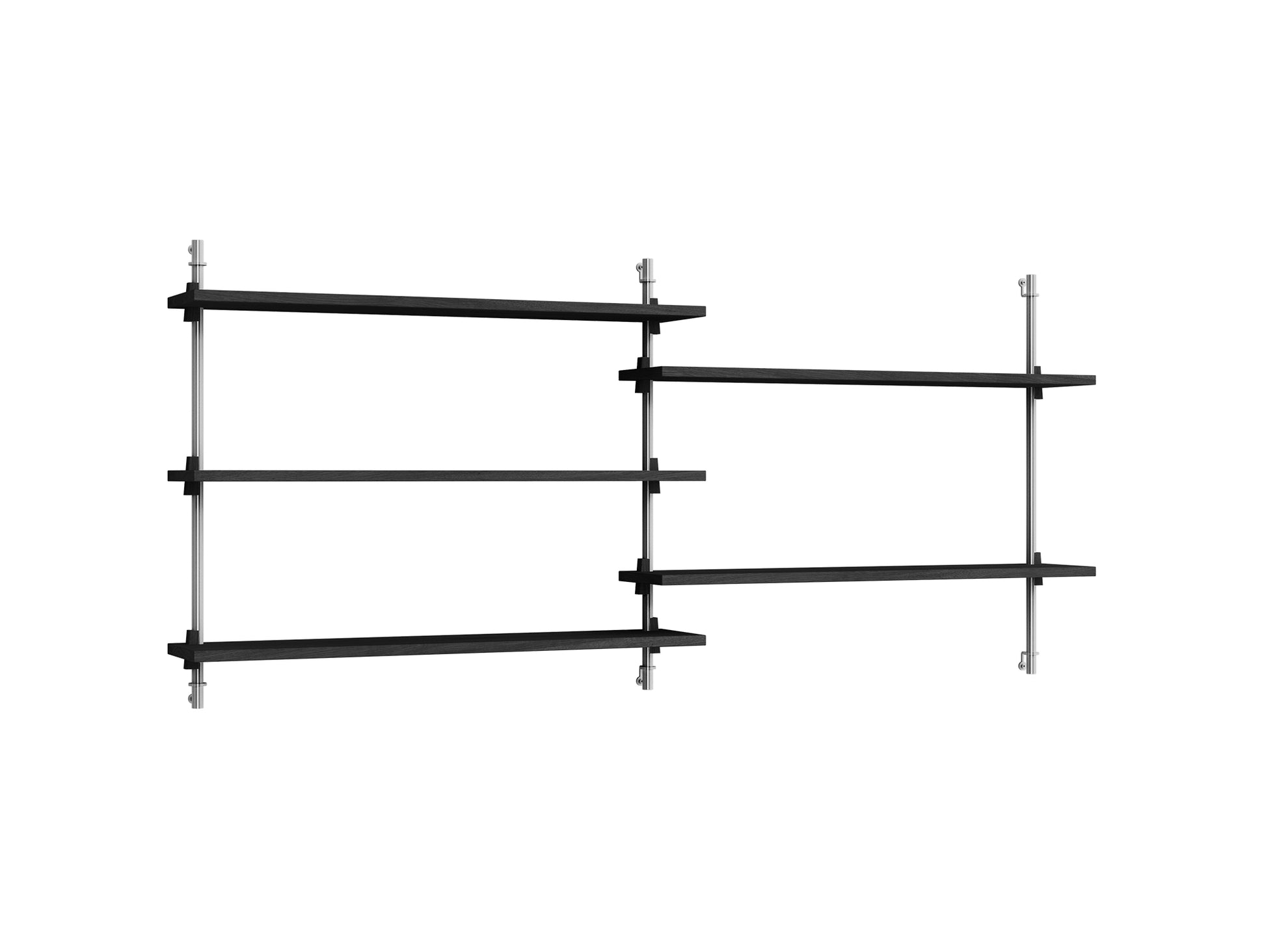 Wall Shelving System Sets WS.65.2 by Moebe - Stainless Steel Uprights / Black Painted Oak
