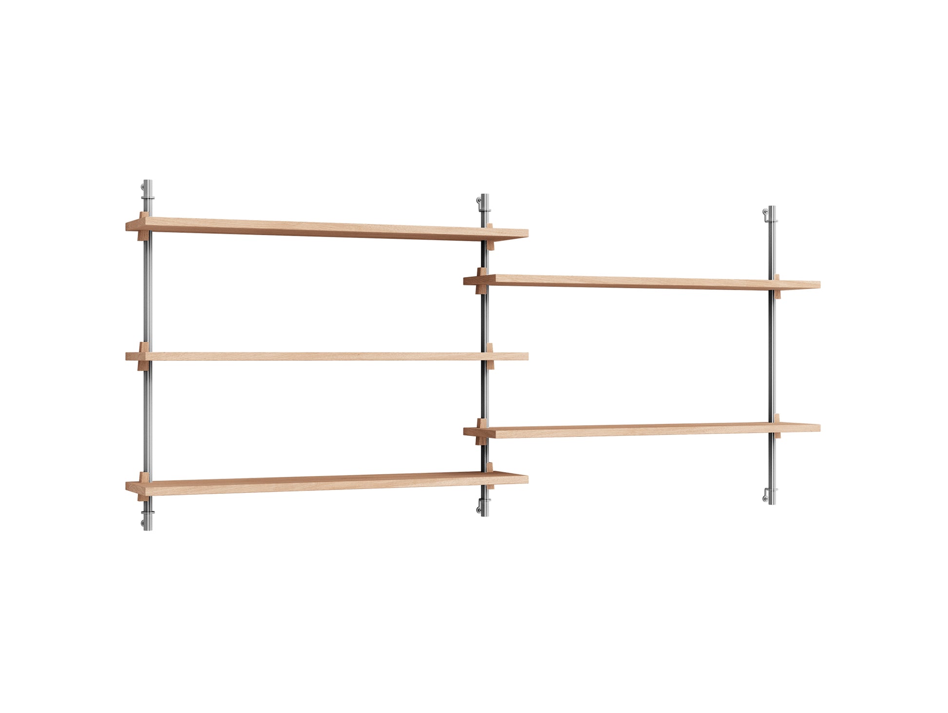 Wall Shelving System Sets WS.65.2 by Moebe - Stainless Steel Uprights / Oiled Oak