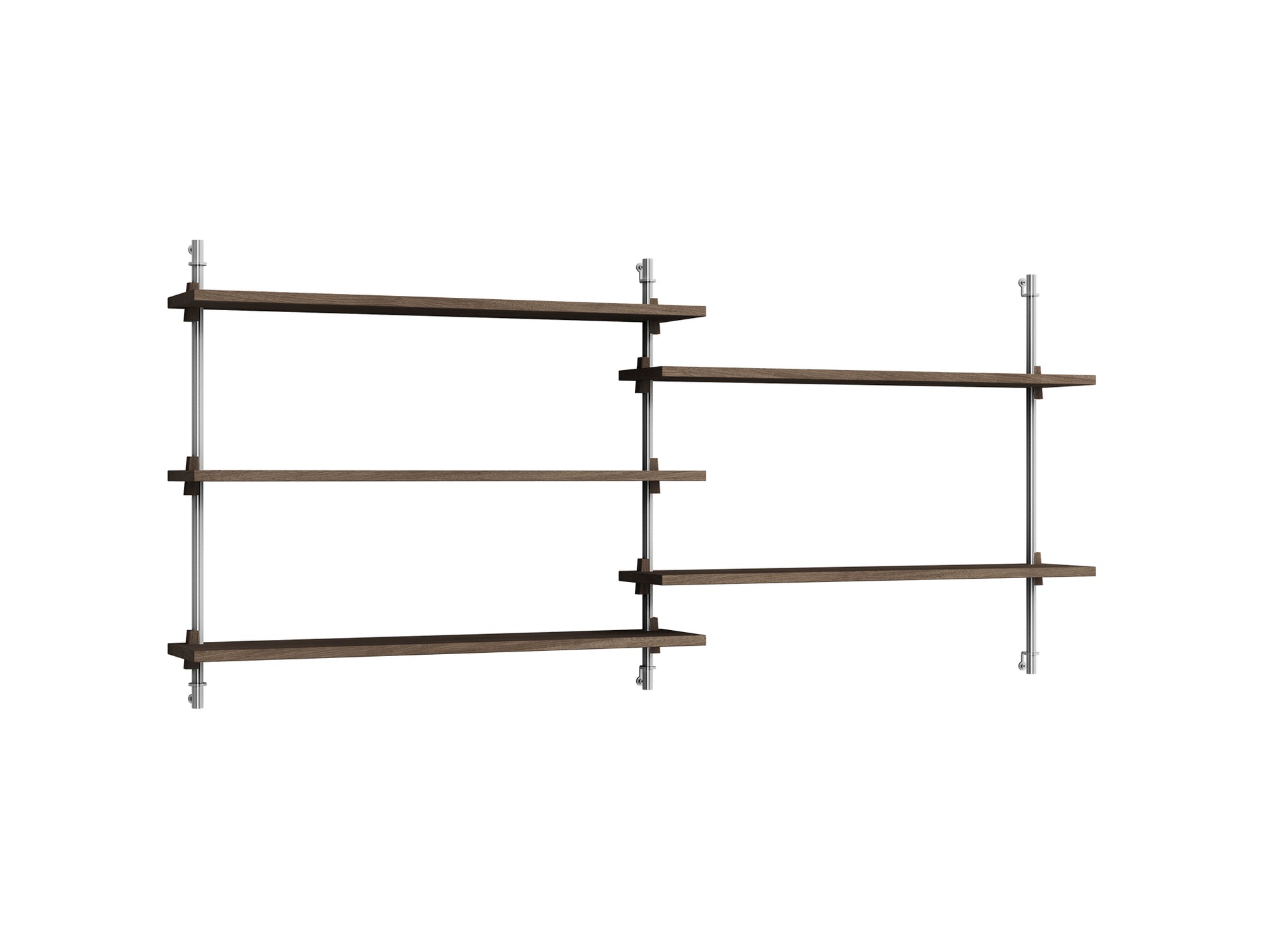Wall Shelving System Sets WS.65.2 by Moebe - Stainless Steel Uprights / Smoked Oak