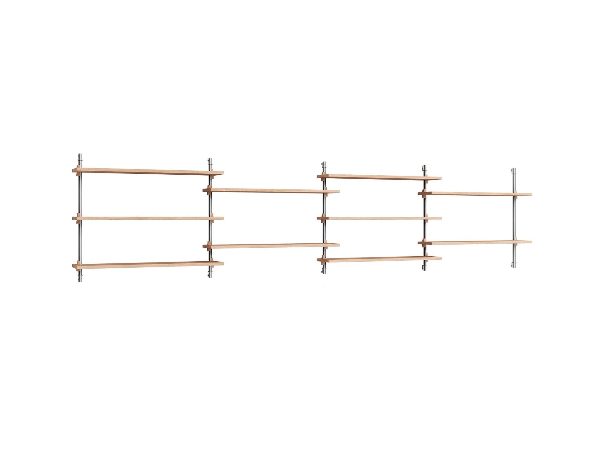 Wall Shelving System Sets WS.65.4 by Moebe - Stainless Steel Uprights / Oiled Oak