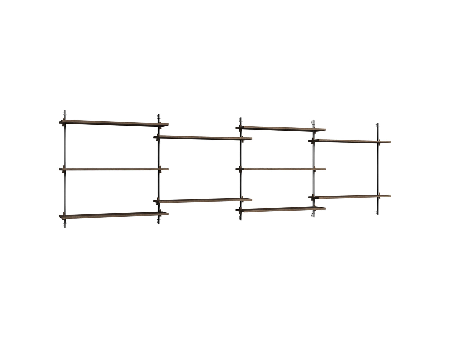 Wall Shelving System Sets (85 cm) by Moebe - WS.85.4 / Stainless Steel Uprights / Smoked Oak
