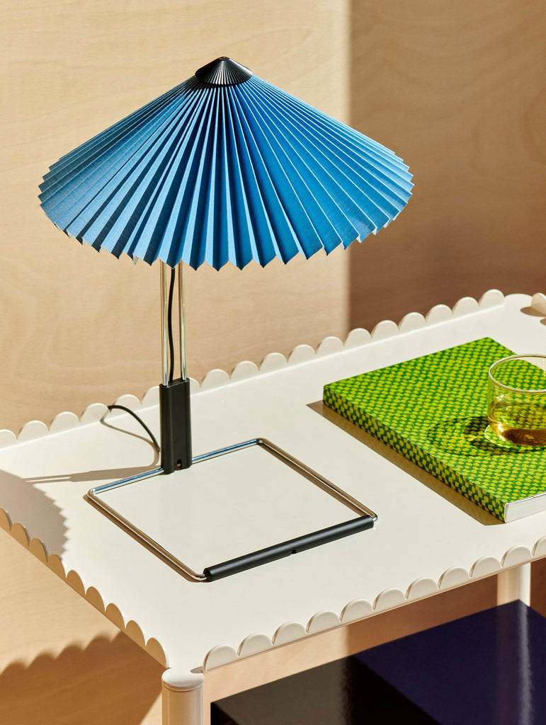 Matin Table Lamp - Mirror Plated Steel Base / Placid Blue Shade by HAY