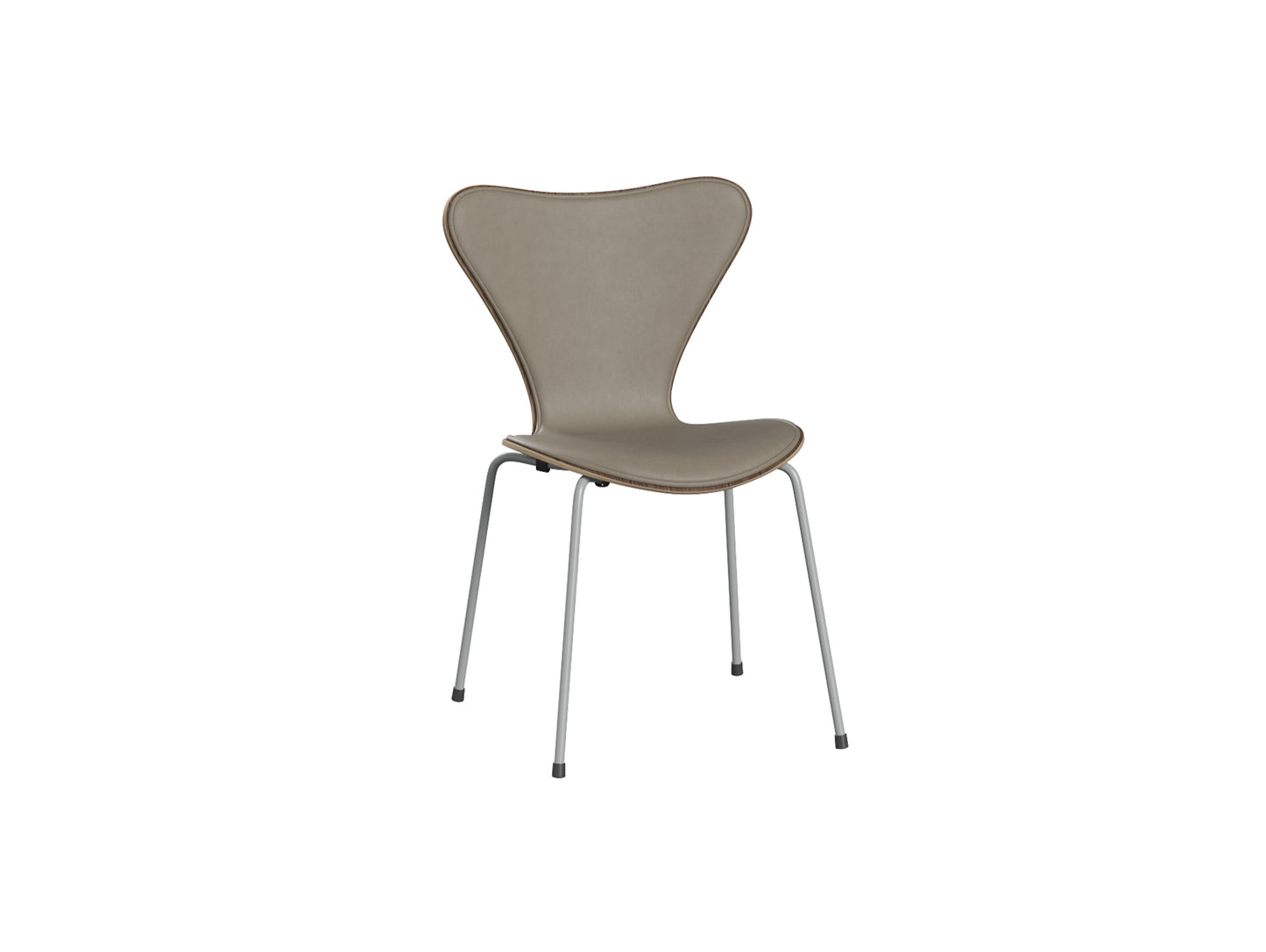 Series 7™ 3107 Dining Chair (Front Upholstered) by Fritz Hansen - Nine Grey Steel / Front: Essential Light Grey Leather / Back: Clear Lacquered Walnut Veneer