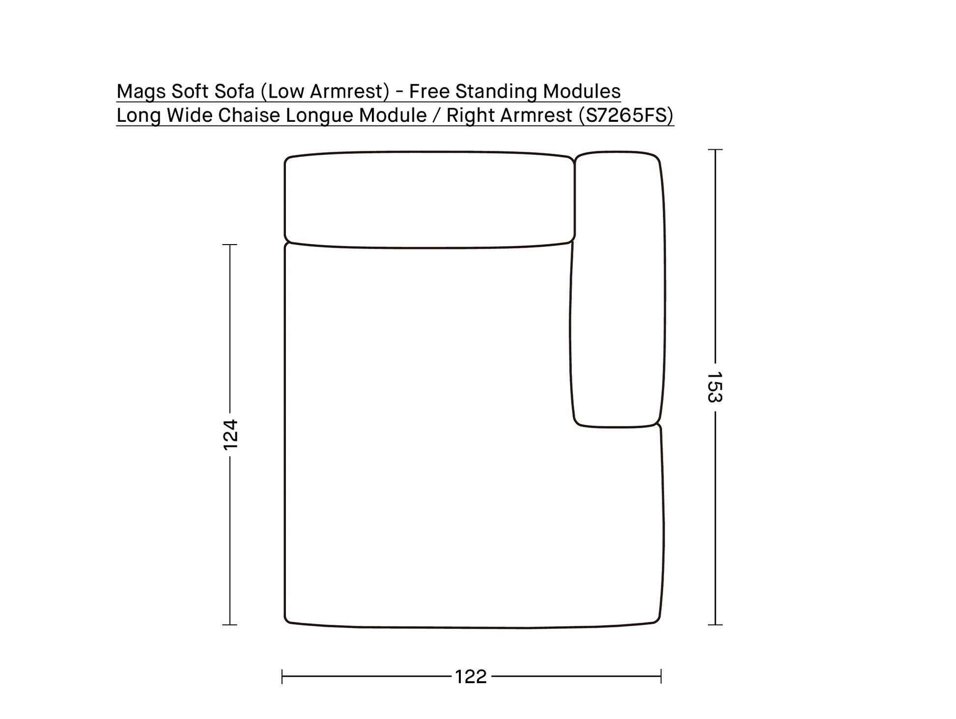 Mags Soft Sofa (Low Armrest) - Free Standing Modules by HAY / Long Wide Chaise Longue Module / Right Armrest (S7265FS)