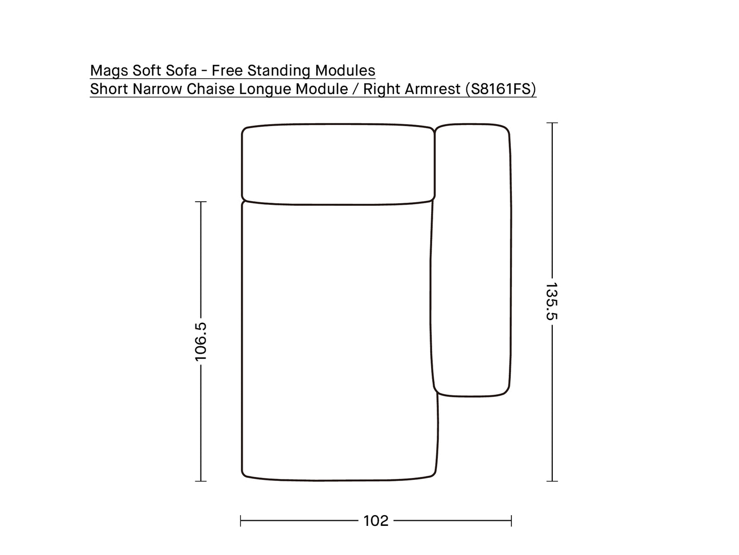 Mags Soft Sofa - Free Standing Modules by HAY / Short Narrow Chaise Longue Module / Right Armrest (S8161FS)