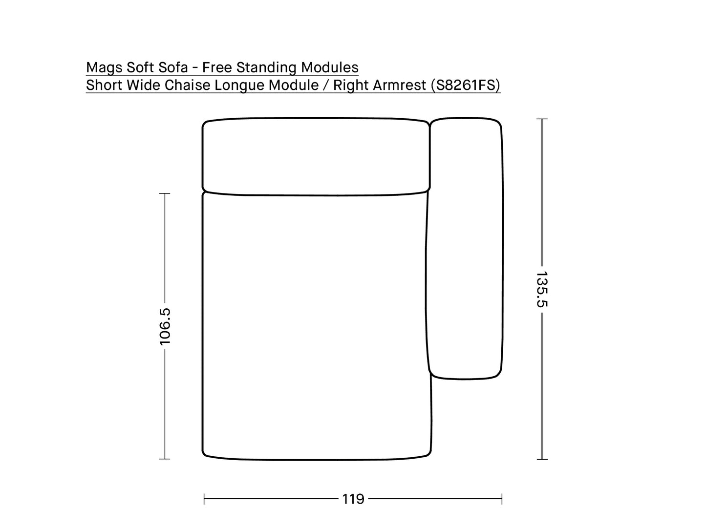 Mags Soft Sofa - Free Standing Modules by HAY / Short Wide Chaise Longue Module / Right Armrest (S8261FS)