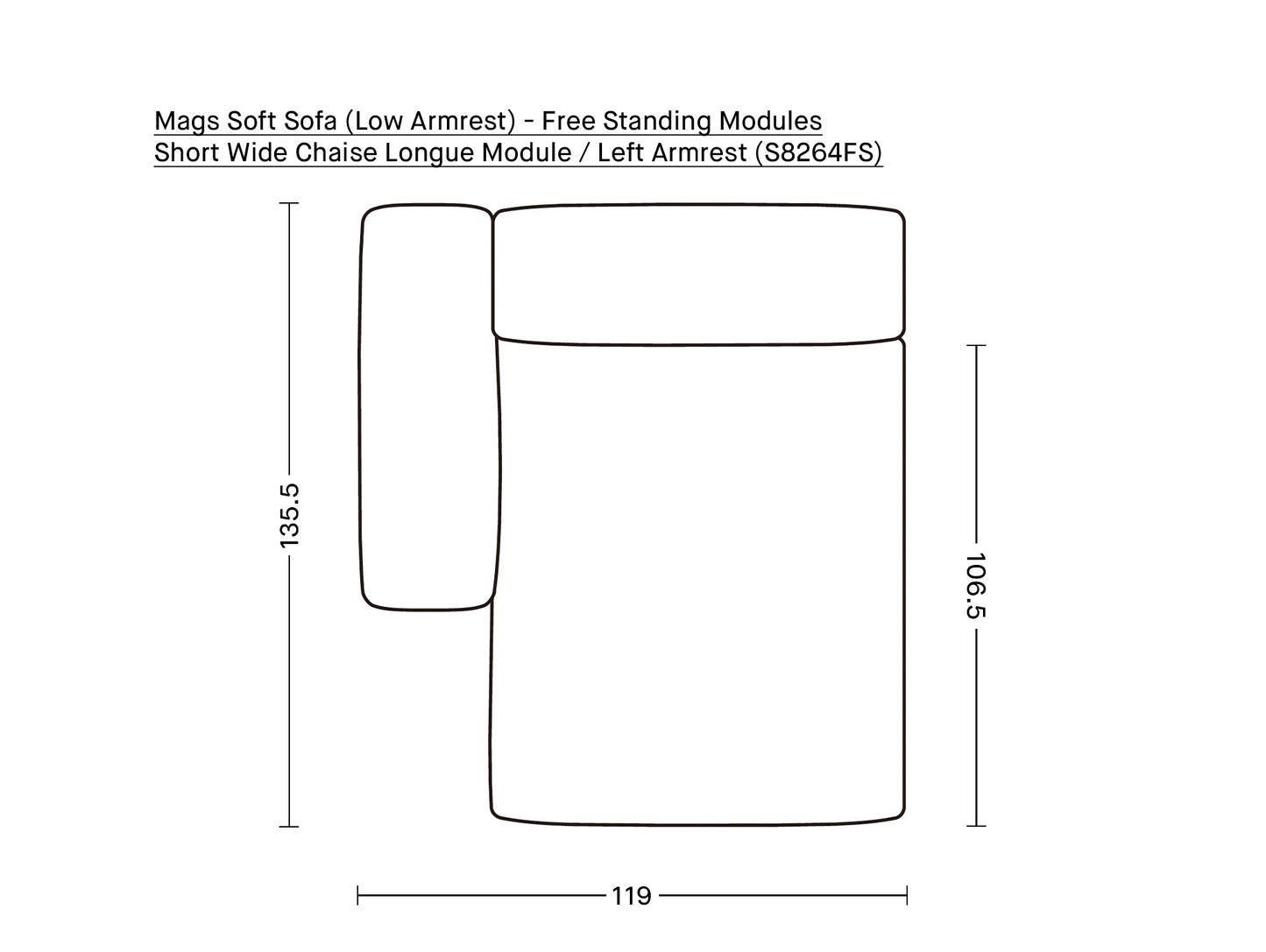 Mags Soft Sofa (Low Armrest) - Free Standing Modules by HAY / Short Wide Chaise Longue Module / Left Armrest (S8264FS)