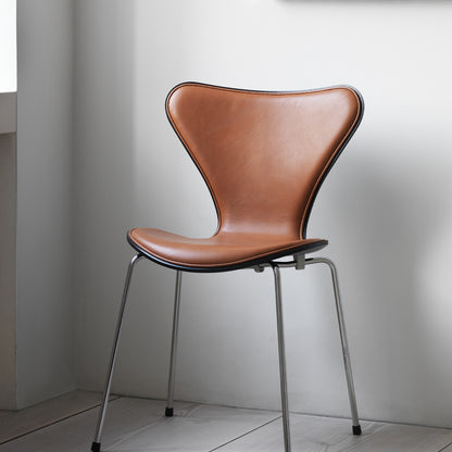 Series 7™ 3107 Dining Chair (Front Upholstered) by Fritz Hansen - Front: Walnut Leather / Back: Black Coloured Ash