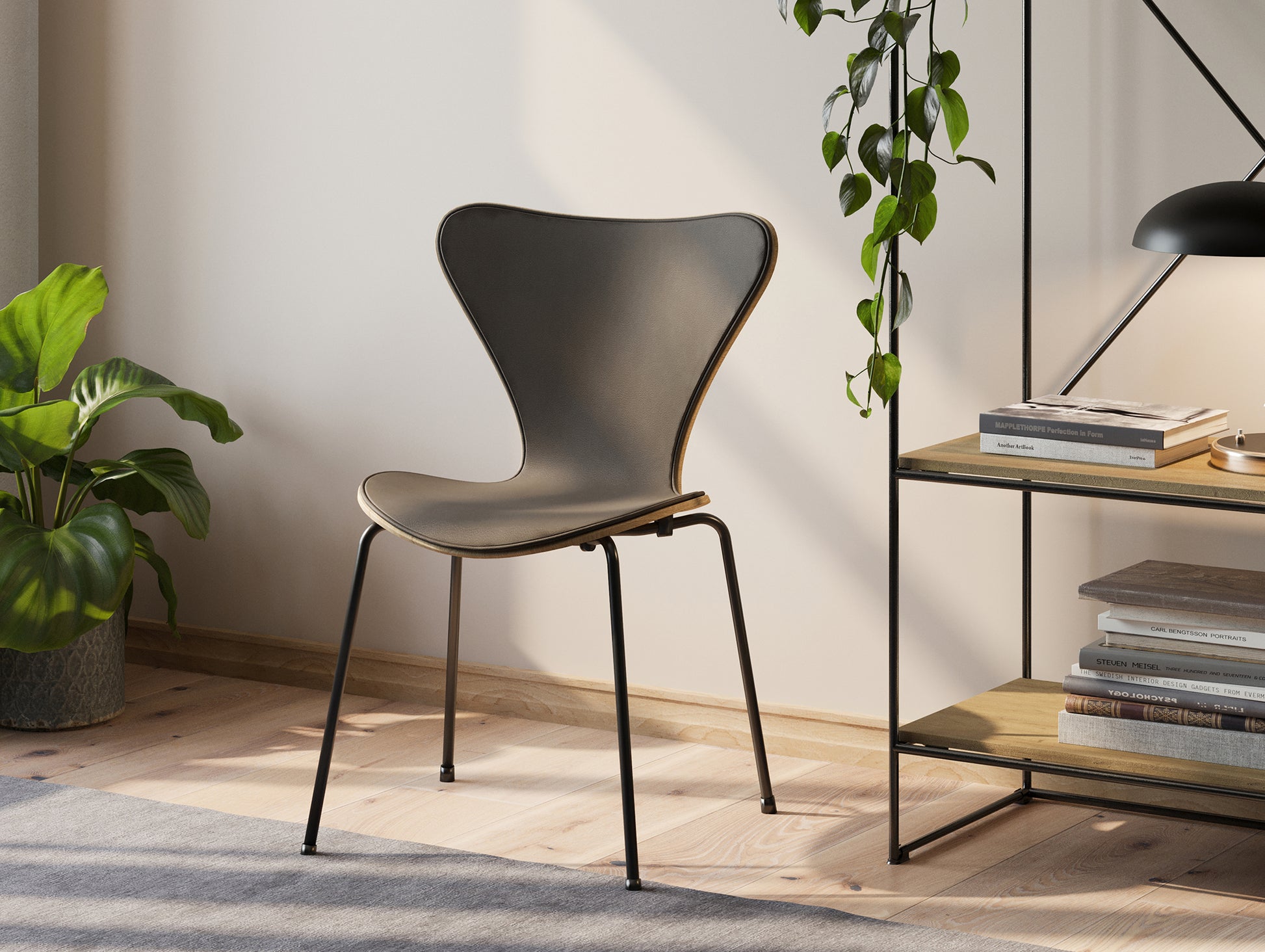 Series 7™ 3107 Dining Chair (Front Upholstered) by Fritz Hansen - Warm Graphite Steel / Front: Essential Lava Leather / Back: Clear Lacquered Oak Veneer