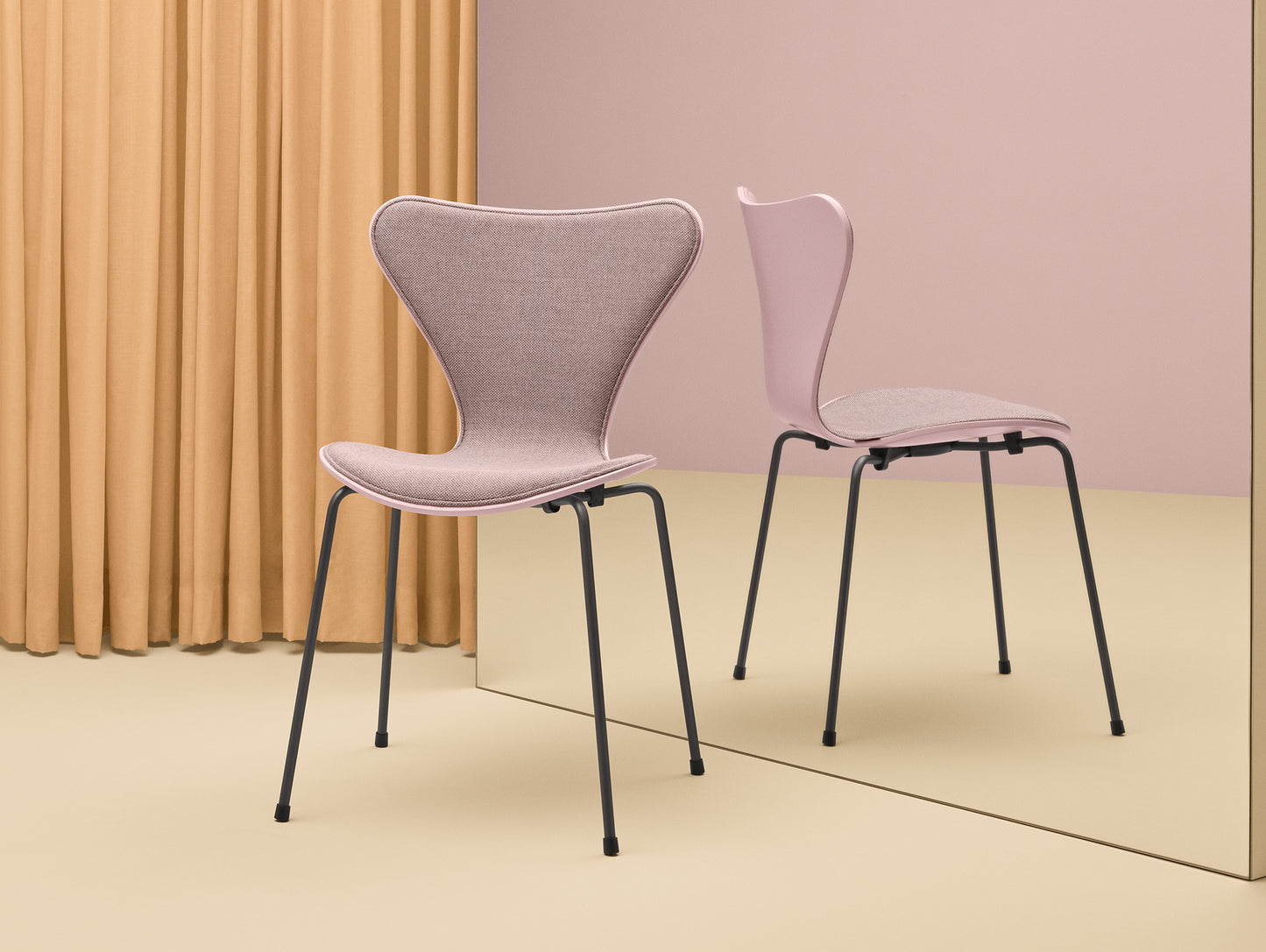 Series 7™ 3107 Dining Chair (Front Upholstered) by Fritz Hansen - Warm Graphite Steel / Front: Re-wool 648 / Back: Pale Rose Lacquered Veneer