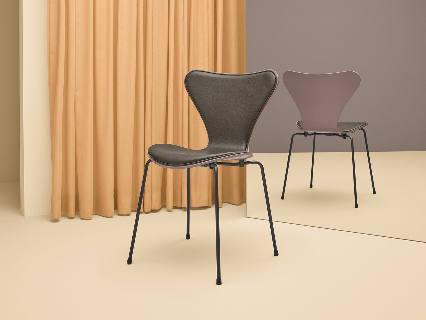 Series 7™ 3107 Dining Chair (Front Upholstered) by Fritz Hansen - Warm Graphite Base / Front: Essential Stone Leather / Back: Deep Clay Lacquered Veneer