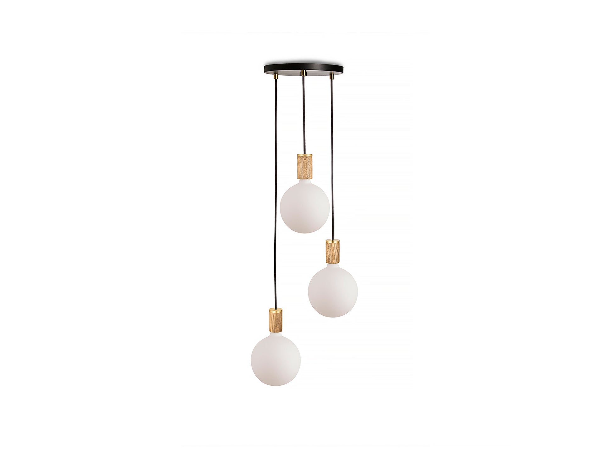 Triple Pendant with Sphere IV by Tala / Black Canopy / Brass Grip with Oak Pendants