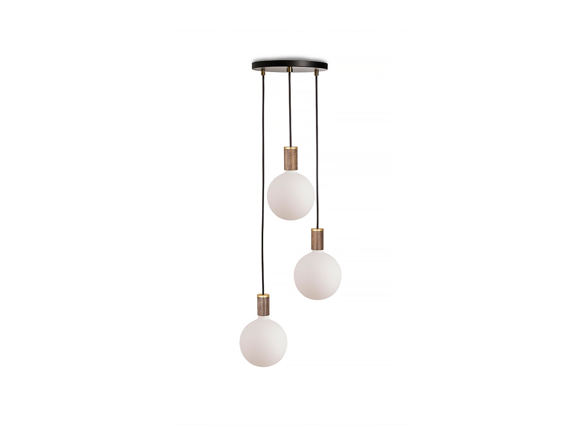 Triple Pendant with Sphere IV by Tala / Black Canopy / Brass Grip with Walnut Pendants