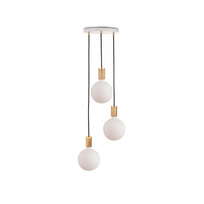Triple Pendant with Sphere IV by Tala / White Canopy / Brass Grip with Oak Pendants