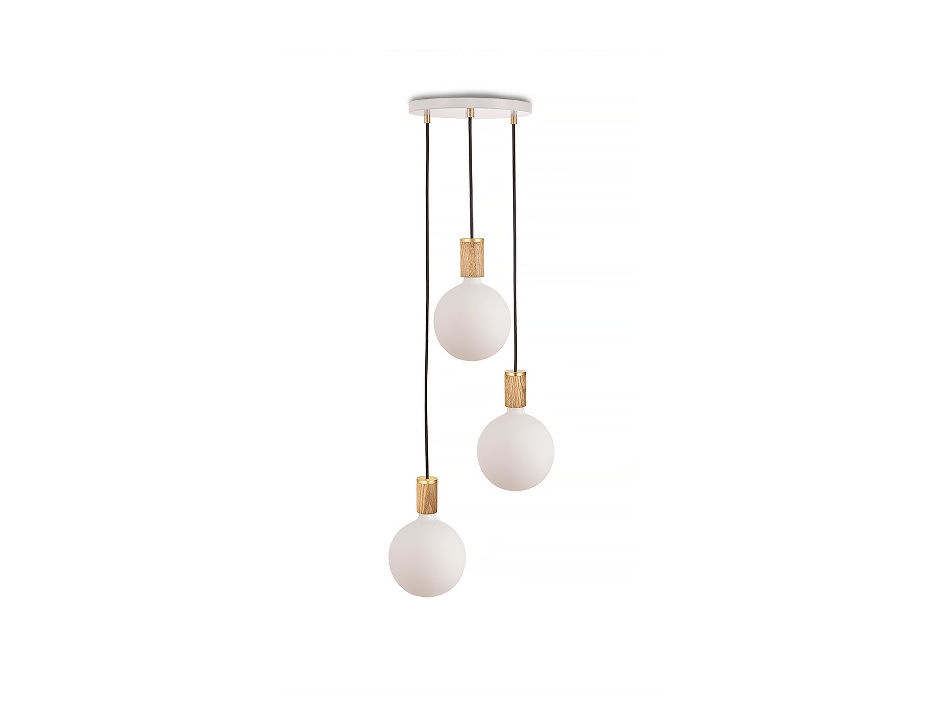Triple Pendant with Sphere IV by Tala / White Canopy / Brass Grip with Oak Pendants