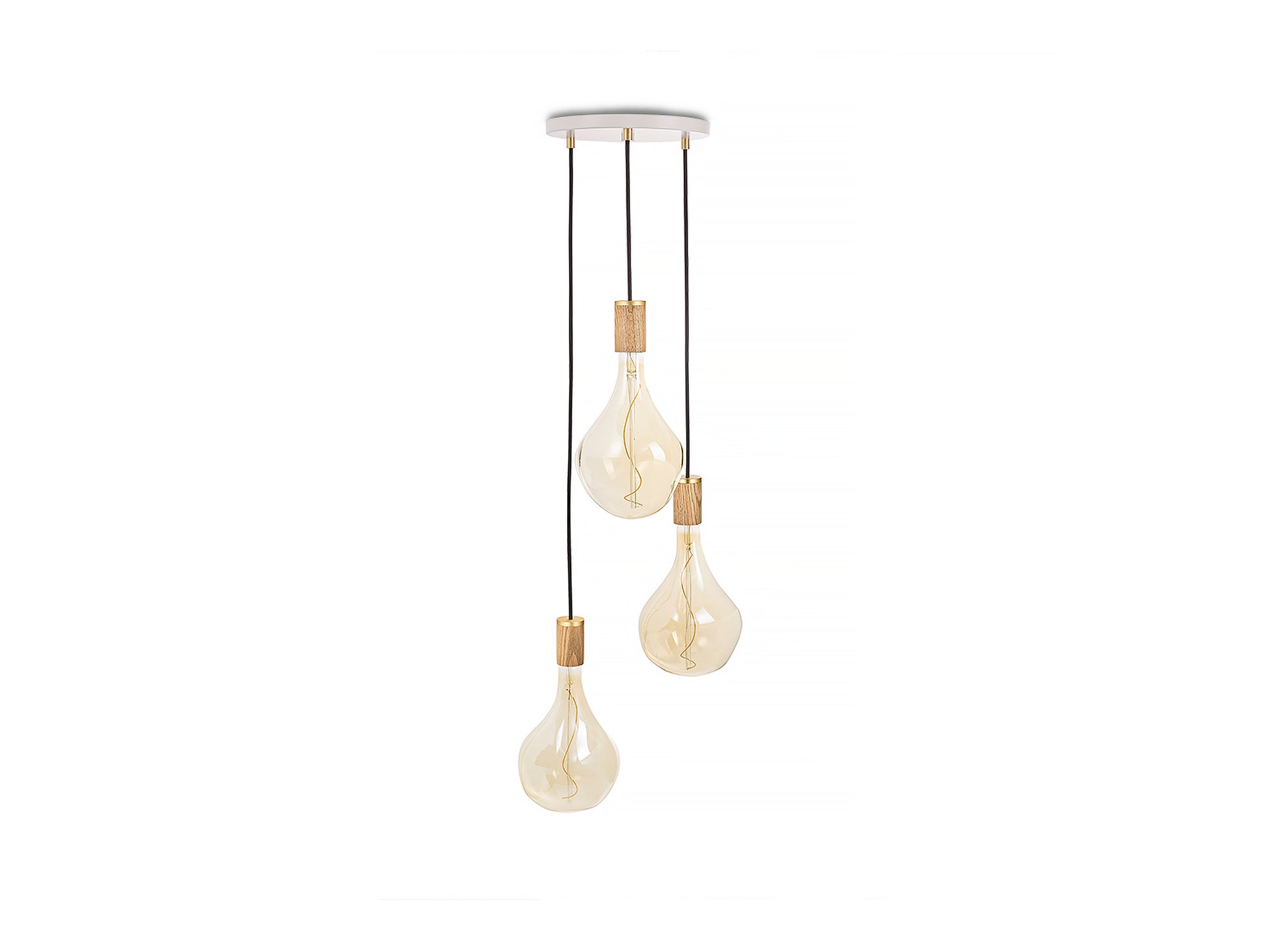 Triple Pendant with Voronoi II by Tala - White Canopy / Brass Grip with Oak Pendants