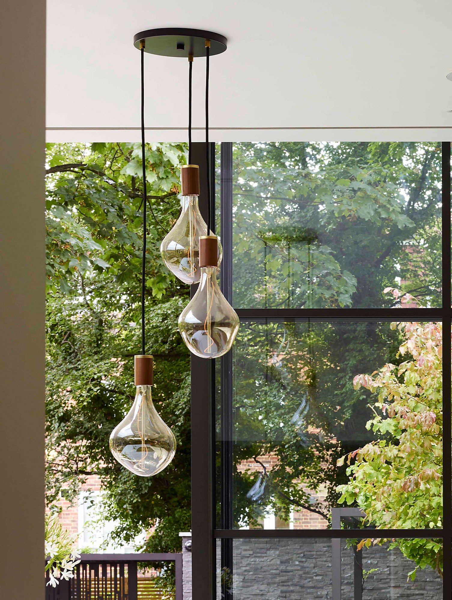 Triple Pendant with Voronoi II by Tala - Black Canopy / Brass Grip with 3 Walnut Pendants