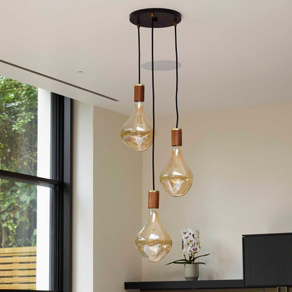 Triple Pendant with Voronoi II by Tala - Black Canopy / Brass Grip with 3 Walnut Pendants