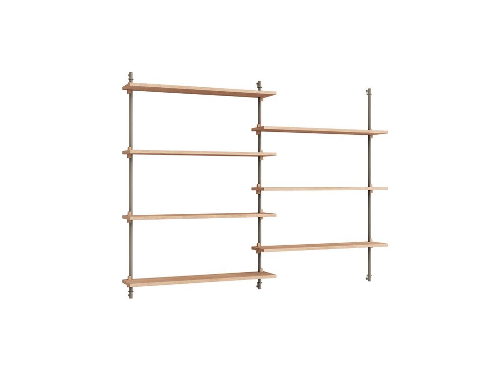 Wall Shelving System Sets (115 cm) by Moebe - WS.115.2 / Warm Grey Uprights / Oiled Oak