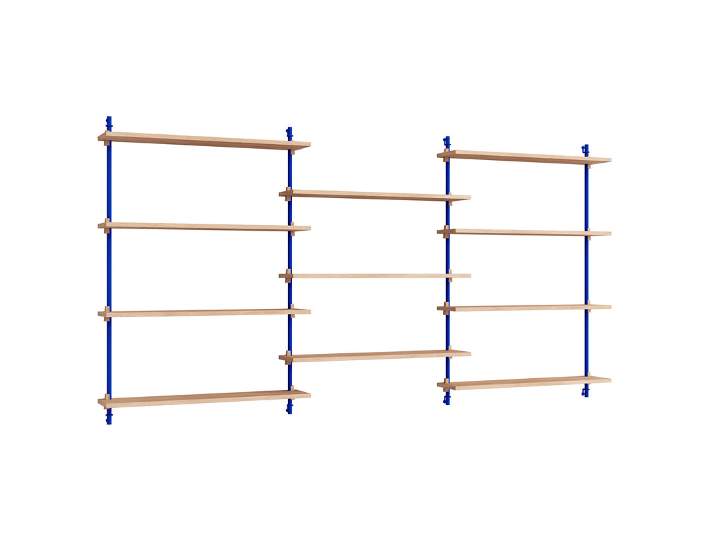 Wall Shelving System Sets (115 cm) by Moebe - WS.115.3 / Deep Blue Uprights / Oiled Oak