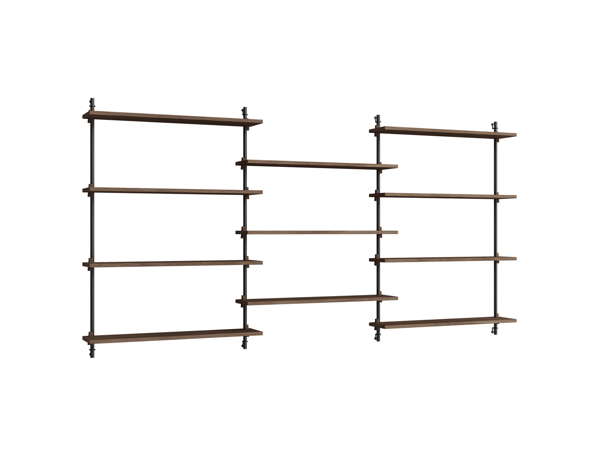 Wall Shelving System Sets (115 cm) by Moebe - WS.115.3 / Black Uprights / Smoked Oak