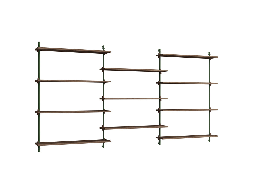 Wall Shelving System Sets (115 cm) by Moebe - WS.115.3 / Pine Green Uprights / Smoked Oak
