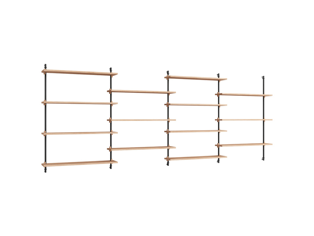 Wall Shelving System Sets (115 cm) by Moebe - WS.115.4 / Black Uprights / Oiled Oak