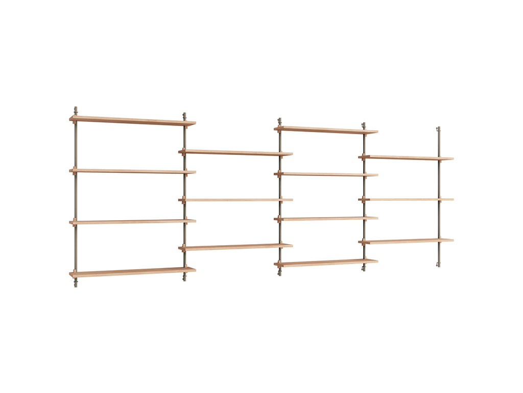 Wall Shelving System Sets (115 cm) by Moebe - WS.115.4 / Warm Grey Uprights / Oiled Oak