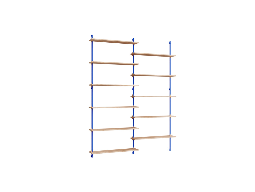 Wall Shelving System Sets (200 cm) by Moebe - WS.200.2 / Deep Blue Uprights / Oiled Oak