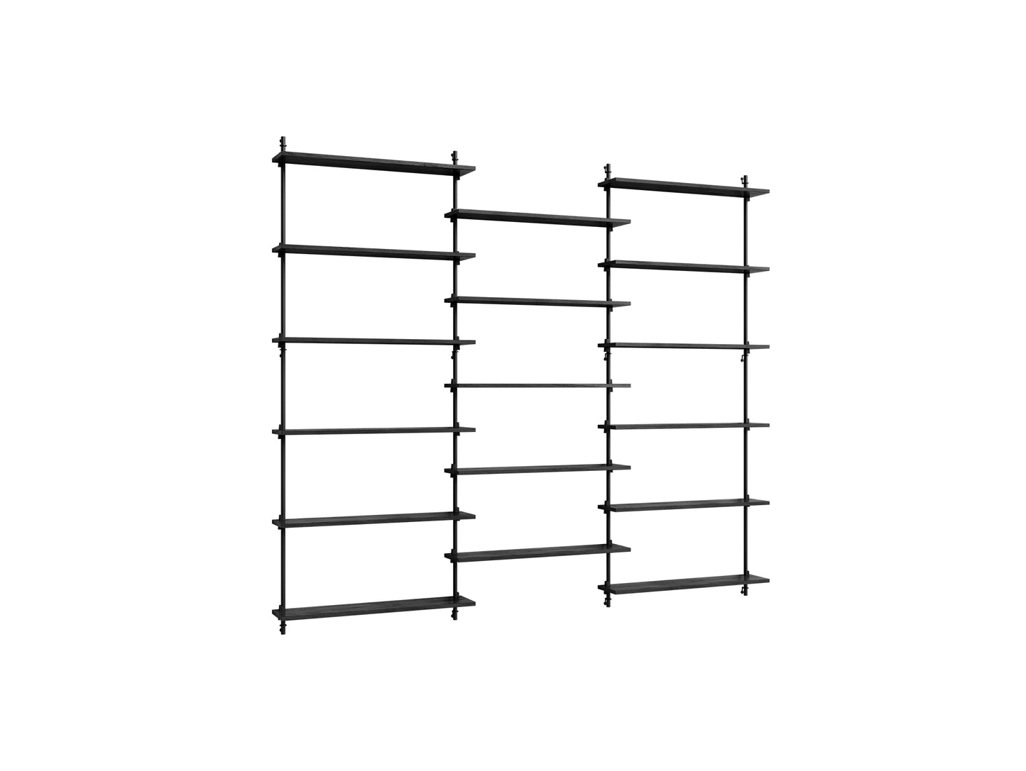 Wall Shelving System Sets (200 cm) by Moebe - WS.200.3 / Black Uprights / Black Painted Oak