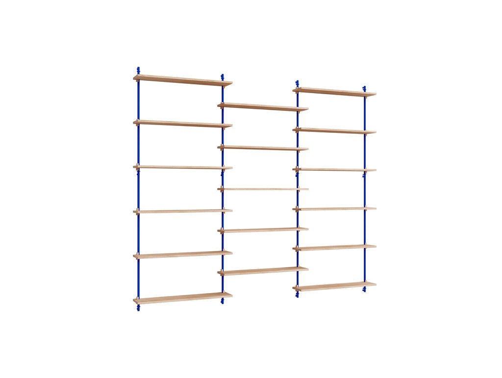 Wall Shelving System Sets (200 cm) by Moebe - WS.200.3 / Deep Blue Uprights / Oiled Oak