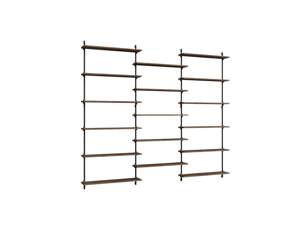 Wall Shelving System Sets (200 cm) by Moebe - WS.200.3 / Black Uprights / Smoked Oak