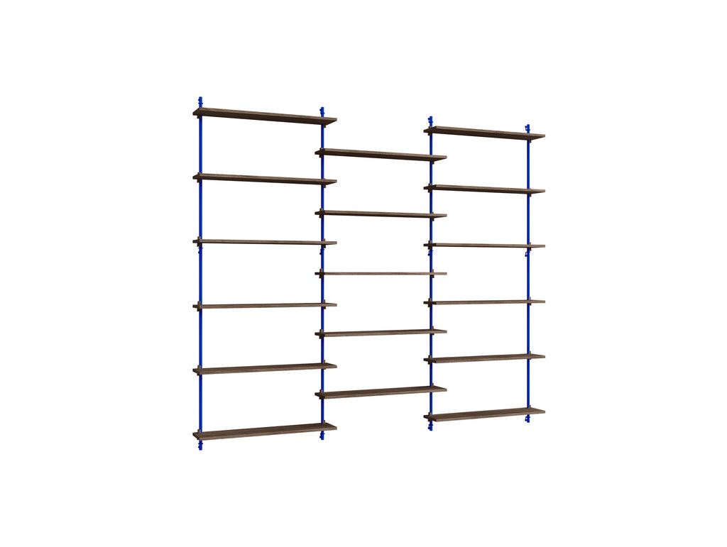 Wall Shelving System Sets (200 cm) by Moebe - WS.200.3 / Deep Blue Uprights / Smoked Oak