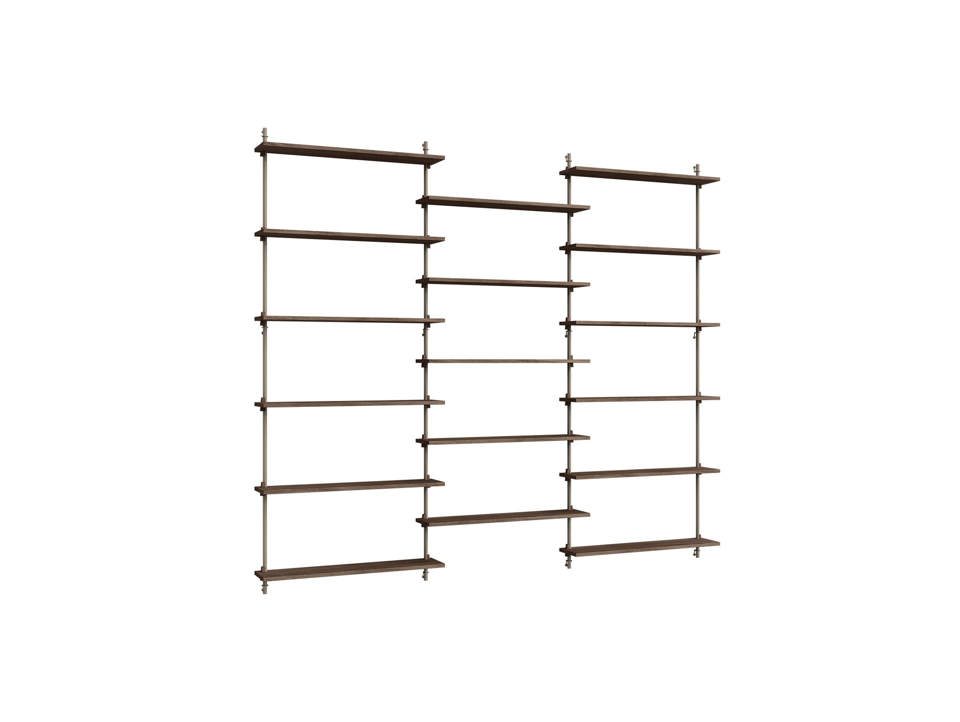 Wall Shelving System Sets (200 cm) by Moebe - WS.200.3 / Warm Grey Uprights / Smoked Oak