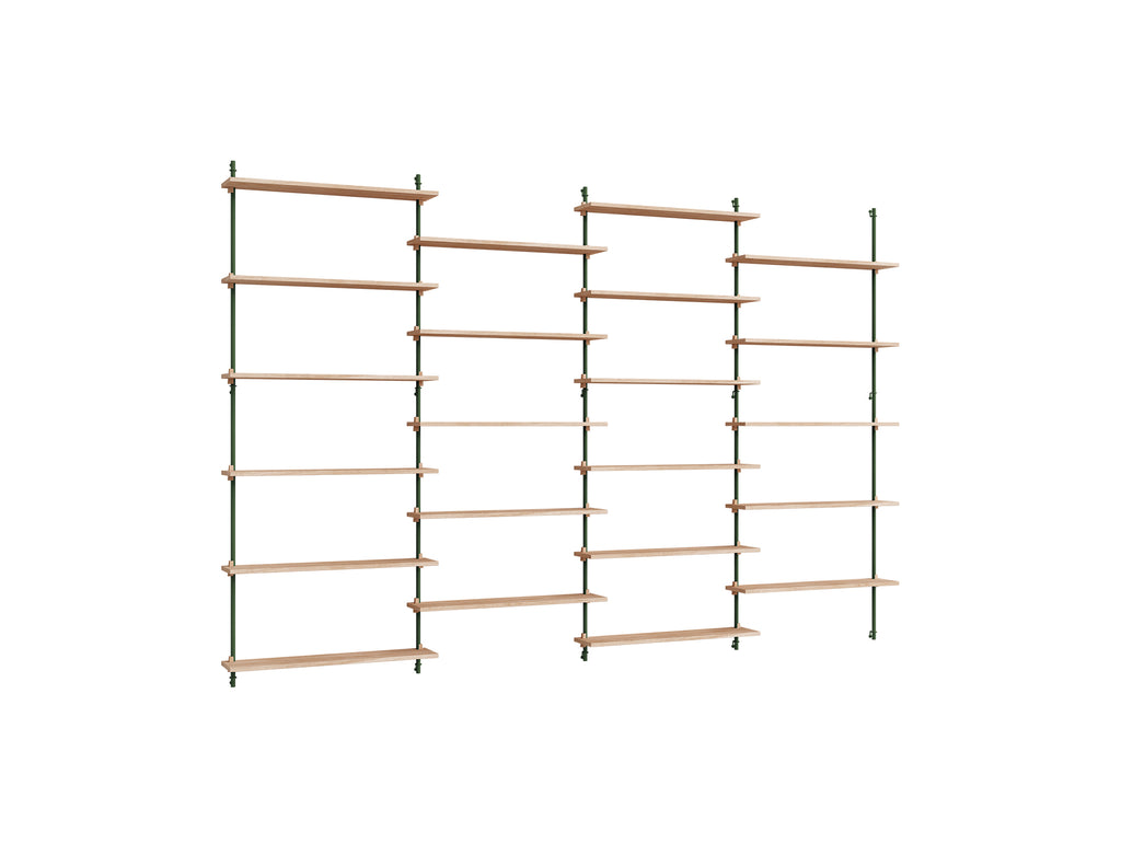 Wall Shelving System Sets (200 cm) by Moebe - WS.200.4 / Pine Green Uprights / Oiled Oak